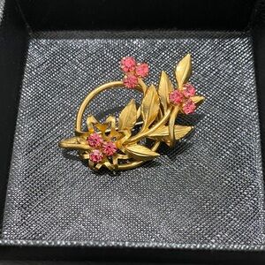 Gold Floral Brooch with Pink Crystal Accents